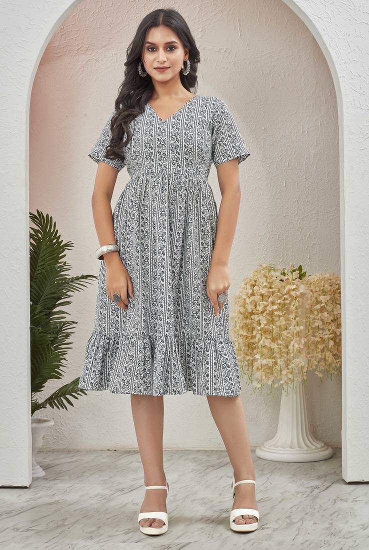 Women white geometric striped print poly cotton fit & flare gown