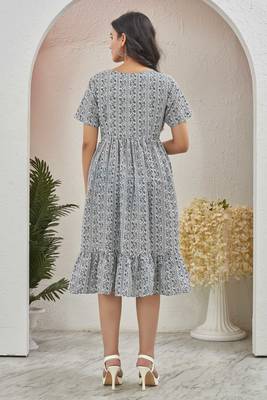 Women white geometric striped print poly cotton fit & flare gown 2