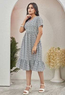 Women white geometric striped print poly cotton fit & flare gown 3
