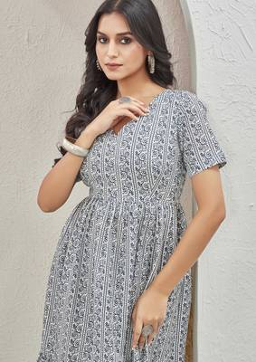 Women white geometric striped print poly cotton fit & flare gown 4