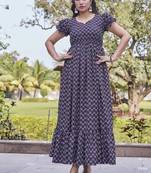 Women navy blue all-over floral print poly cotton fit & flare gown