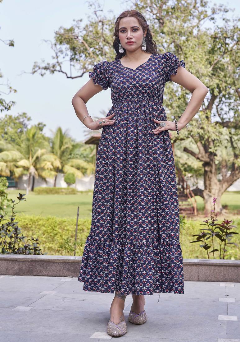 Women navy blue all-over floral print poly cotton fit & flare gown