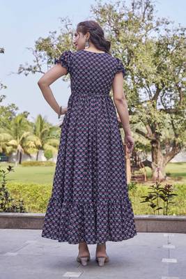 Women navy blue all-over floral print poly cotton fit & flare gown 2