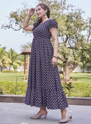Women navy blue all-over floral print poly cotton fit & flare gown 3