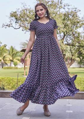 Women navy blue all-over floral print poly cotton fit & flare gown 5