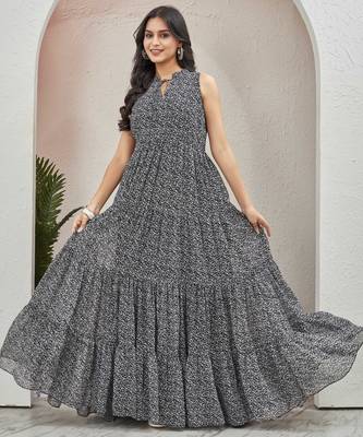 Women black all-over floral print georgette fit & flare gown 1
