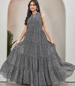 Women black all-over floral print georgette fit & flare gown