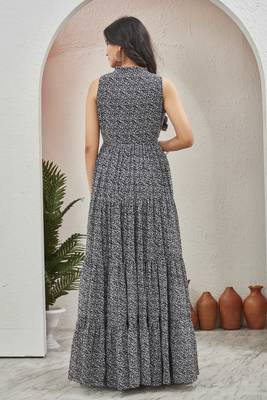 Women black all-over floral print georgette fit & flare gown 2