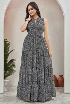 Women black all-over floral print georgette fit & flare gown 3