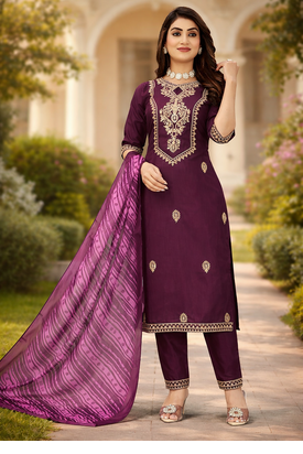 WINE COTTON BLEND WITH EMBROIDERY WORK DESIGN WOMEN KURTI SET  1