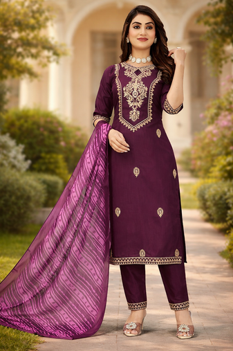 WINE COTTON BLEND WITH EMBROIDERY WORK DESIGN WOMEN KURTI SET 