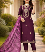 WINE COTTON BLEND WITH EMBROIDERY WORK DESIGN WOMEN KURTI SET 