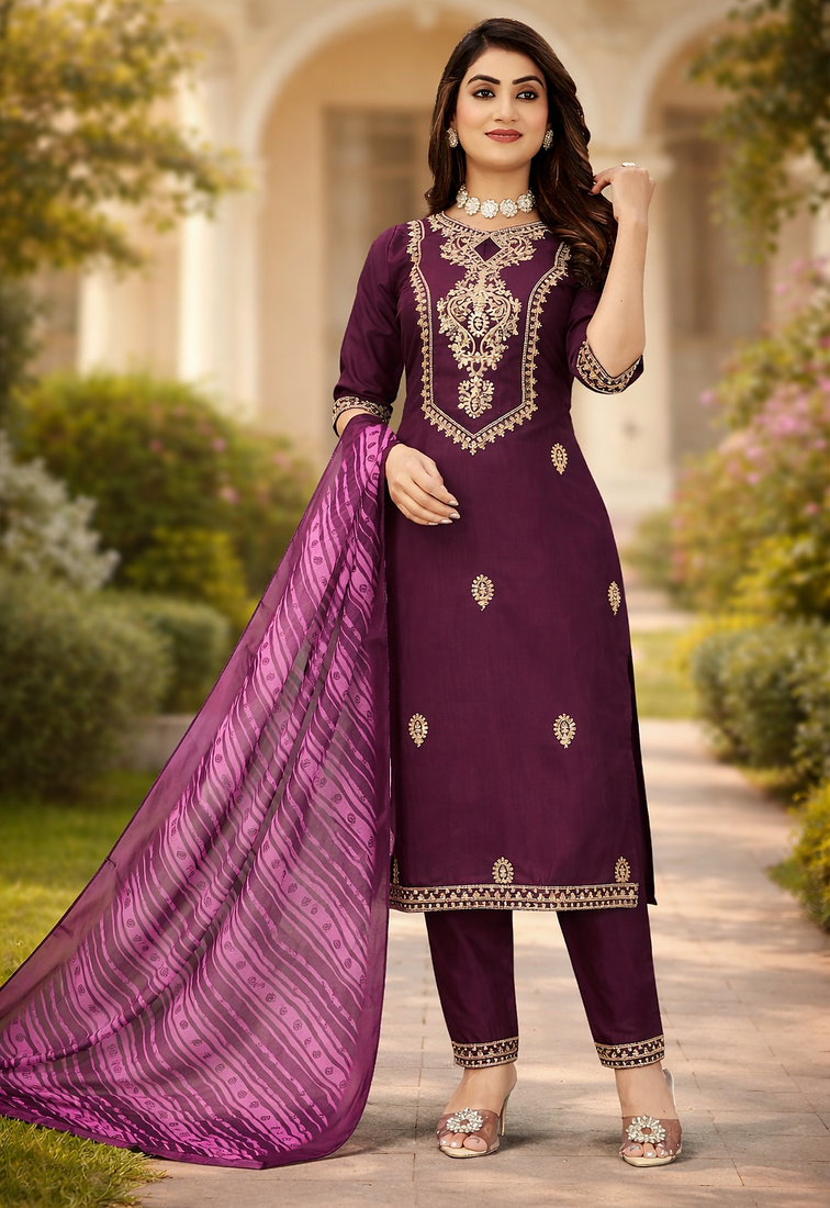 WINE COTTON BLEND WITH EMBROIDERY WORK DESIGN WOMEN KURTI SET 