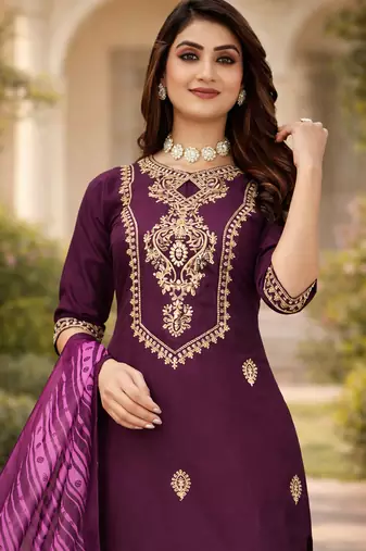 WINE COTTON BLEND WITH EMBROIDERY WORK DESIGN WOMEN KURTI SET 