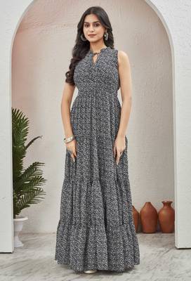 Women black all-over floral print georgette fit & flare gown 5