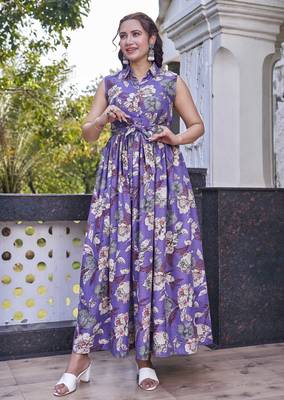 Women purple all-over floral print poly cotton fit & flare gown 1