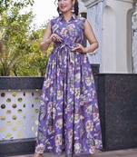 Women purple all-over floral print poly cotton fit & flare gown