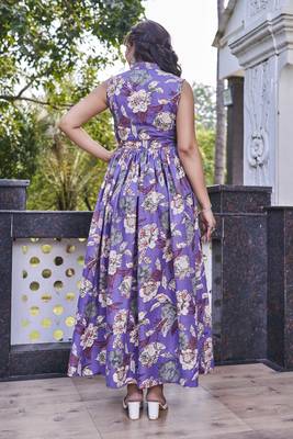Women purple all-over floral print poly cotton fit & flare gown 2