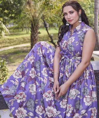 Women purple all-over floral print poly cotton fit & flare gown 4