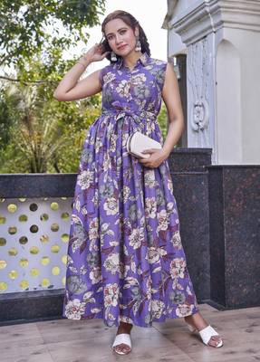Women purple all-over floral print poly cotton fit & flare gown 5