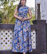 Women blue all-over floral print poly cotton fit & flare gown