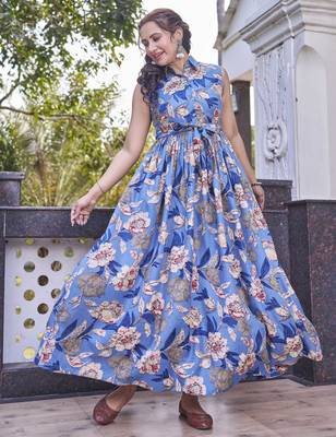 Women blue all-over floral print poly cotton fit & flare gown 5