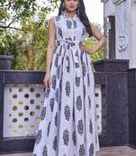 Women off-white all-over floral print poly cotton fit & flare gown