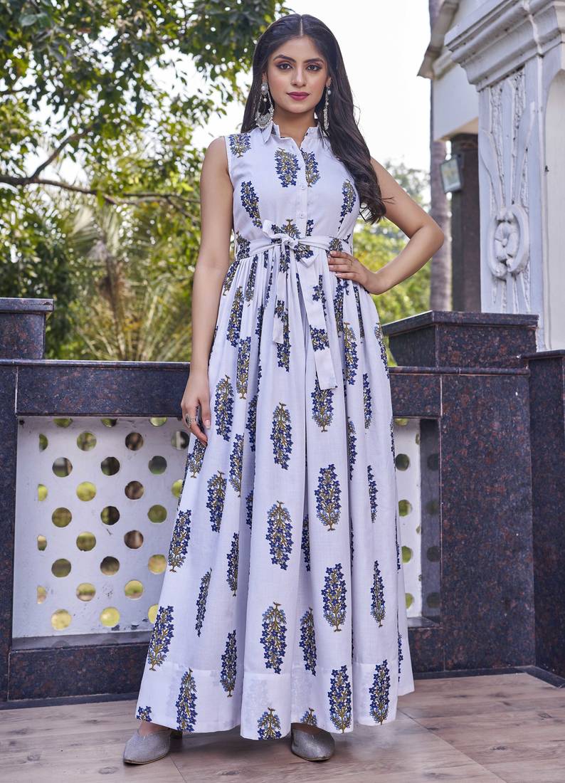 Women off-white all-over floral print poly cotton fit & flare gown