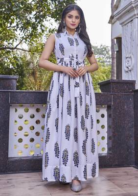 Women off-white all-over floral print poly cotton fit & flare gown 5