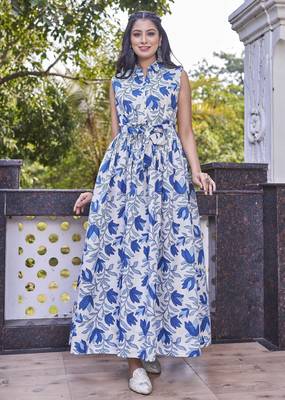 Women white all-over floral print poly cotton fit & flare gown 1