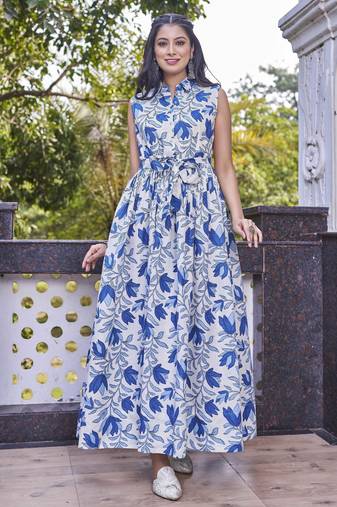Women white all-over floral print poly cotton fit & flare gown