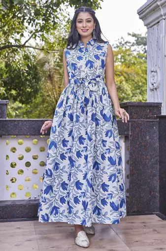 Women white all-over floral print poly cotton fit & flare gown