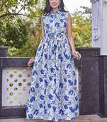 Women white all-over floral print poly cotton fit & flare gown