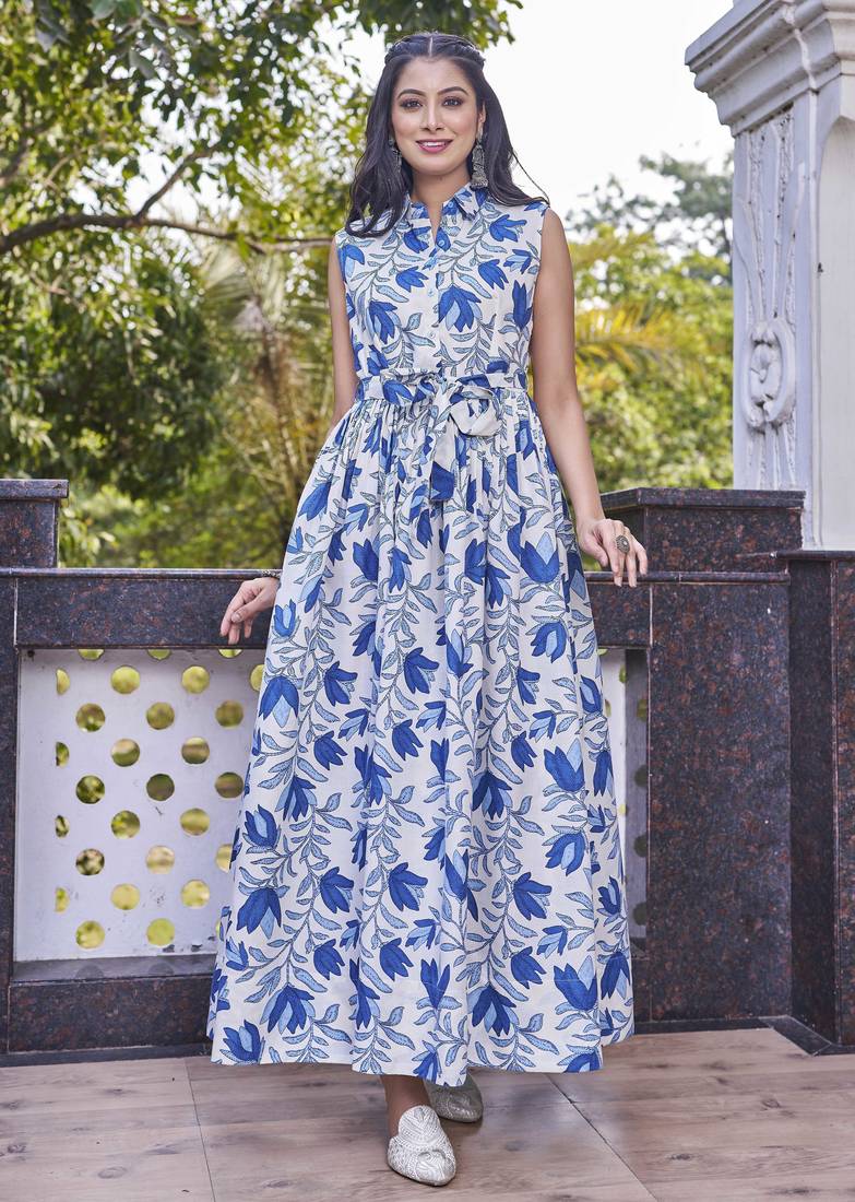 Women white all-over floral print poly cotton fit & flare gown