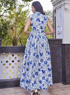 Women white all-over floral print poly cotton fit & flare gown 2
