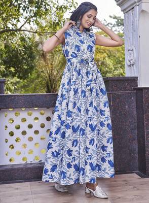 Women white all-over floral print poly cotton fit & flare gown 3