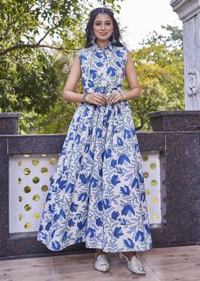 Women white all-over floral print poly cotton fit & flare gown 5