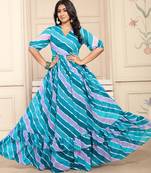 Women blue striped print georgette fit & flare gown