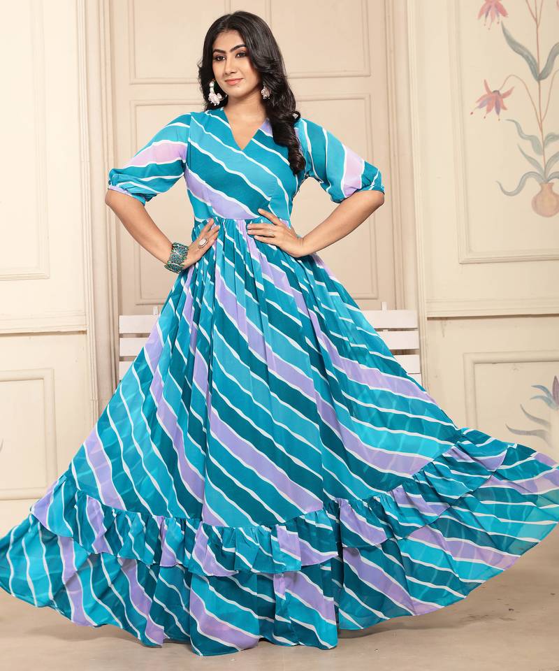Women blue striped print georgette fit & flare gown