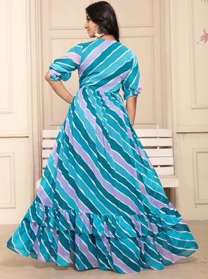 Women blue striped print georgette fit & flare gown 2