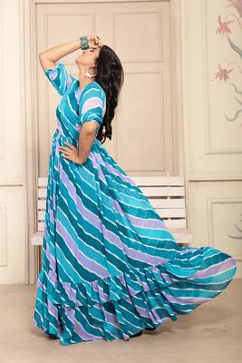 Women blue striped print georgette fit & flare gown 3