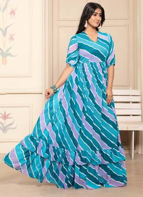 Women blue striped print georgette fit & flare gown 4