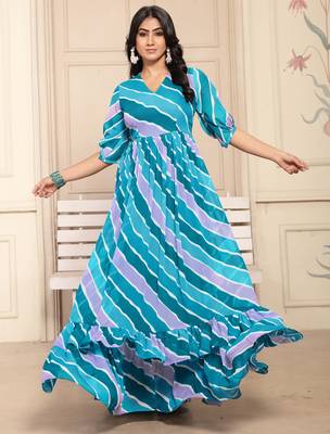 Women blue striped print georgette fit & flare gown 5