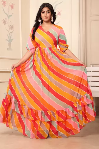 Women yellow-red striped print georgette fit & flare gown