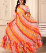 Women yellow-red striped print georgette fit & flare gown