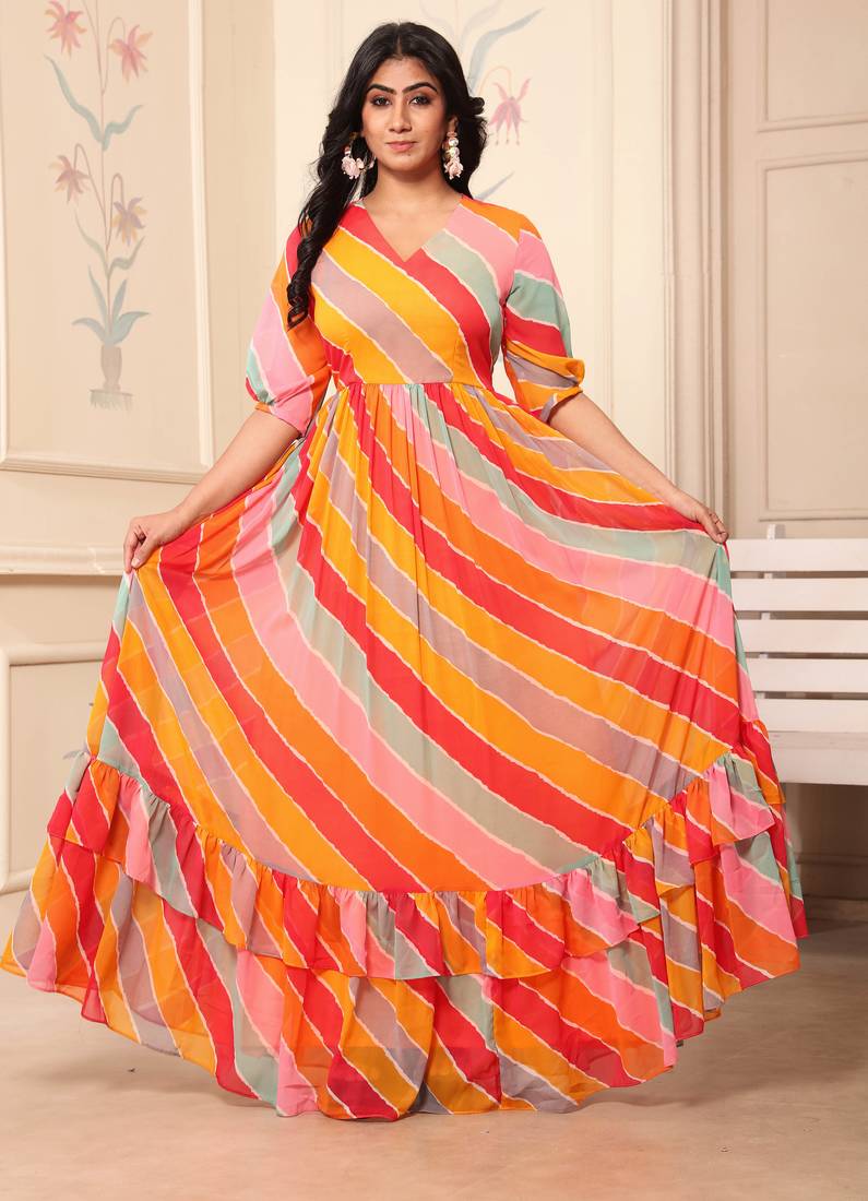 Women yellow-red striped print georgette fit & flare gown