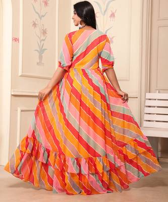Women yellow-red striped print georgette fit & flare gown 2