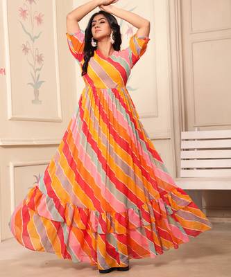 Women yellow-red striped print georgette fit & flare gown 5