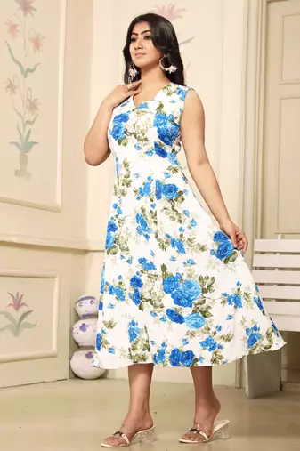 Women blue all-over floral print polyster fit & flare midi dress