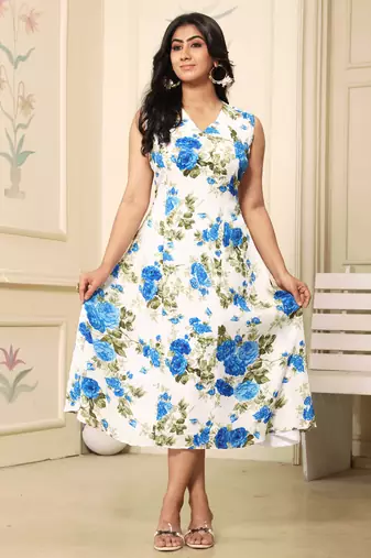 Women blue all-over floral print polyster fit & flare midi dress